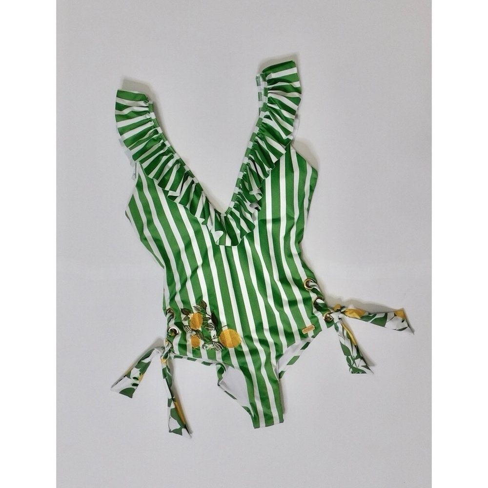 Anthropologie Green and White Striped Ruffle One-Piece Swim - Picture 2 of 13